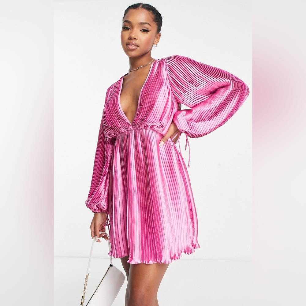 ASOS DESIGN satin pleat detail plunge mini dress with blouson sleeves in pink